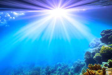 Fototapeta na wymiar Underwater scene. Ocean coral reef underwater. Sea world under water background. Waterline and underwater background. Empty space for text.