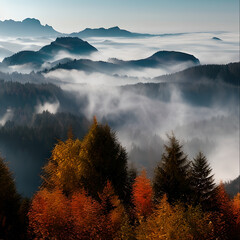 Fototapeta premium Sommets des Alpes dans la brume, generative ai