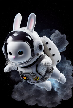 Cute cartoon space explorer. White baby rabbit as astronaut, floating in space in space suit and helmet. Created with Generative AI technology.