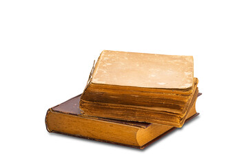 Closeup of stained hardcover two old books isolated on white background with clipping path.