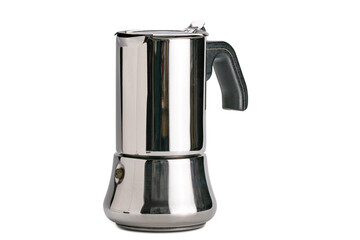 Side view of shiny metal moka pot coffee maker isolated on white background with clipping path.