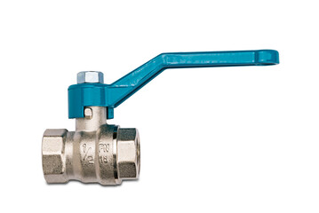 Side view closeup of metal water ball valve with blue handle isolated on white background with clipping path.