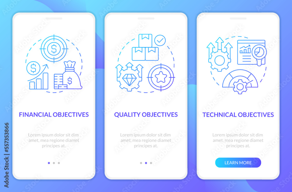 Aufkleber objectives in project management blue gradient onboarding mobile app screen. walkthrough 3 steps gra