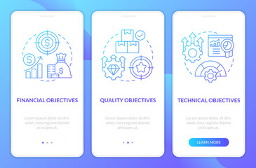 Objectives in project management blue gradient onboarding mobile app screen. Walkthrough 3 steps graphic instructions with linear concepts. UI, UX, GUI template. Myriad Pro-Bold, Regular fonts used