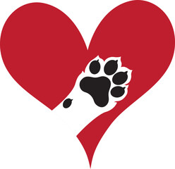love paw print vector logo illustration. paw print with a heart symbol dog paw print. veterinary clinic logo. animal care sign. - 557354095