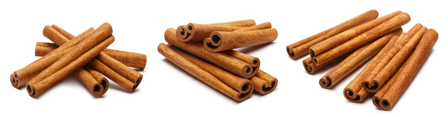 Collection of delicious cinnamon sticks, isolated on white background