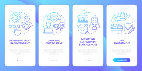 Public service delivery changes blue gradient onboarding mobile app screen. Walkthrough 4 steps graphic instructions with linear concepts. UI, UX, GUI template. Myriad Pro-Bold, Regular fonts used