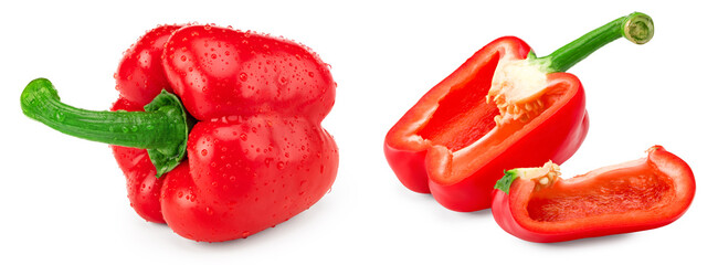 red sweet bell pepper with drops and cut slices isolated on white background. clipping path