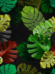 Monstera Tropical Leaf Seamless Wallpaper Green Red Black Background