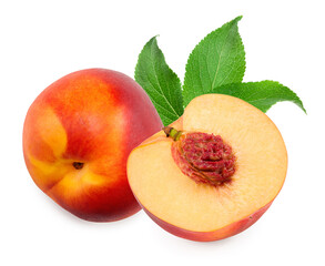 peach fruit with green leaf and slices isolated on white background. clipping path