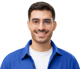 Close-up headshot portrait of young male teacher face in round glasses looking at camera