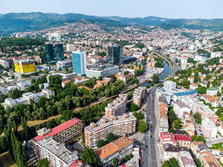 Sarajevo, BiH, aerial drone view. Panorama of the capital of Bosnia and Herzegovina.