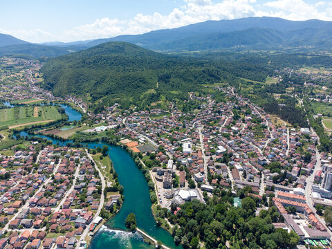 Aerial drone view Bihac and Una river in Bosnia and Herzegovina. Buildings, streets and residential houses. Bihać is a town and municipality in western BiH.