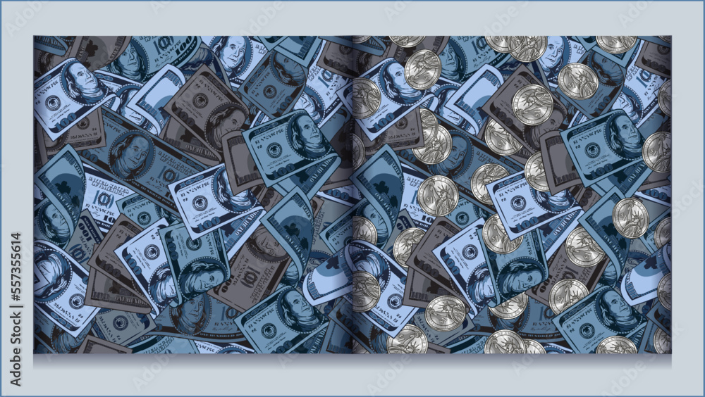 Poster set of blue camouflage pattern with 100 dollar banknote, silver coins. dense composition with random