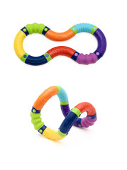 Baby toy on a white background. Shape-of-eight teether that changes shape