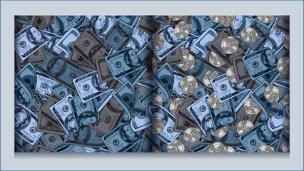 Set of blue camouflage pattern with 100 dollar banknote, silver coins. Dense composition with random overlapping elements. Good for t-shirt design, apparel, textile, sport goods.