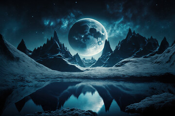 night mountain fantasy landscape, cold planet, winter, snow, art illustration