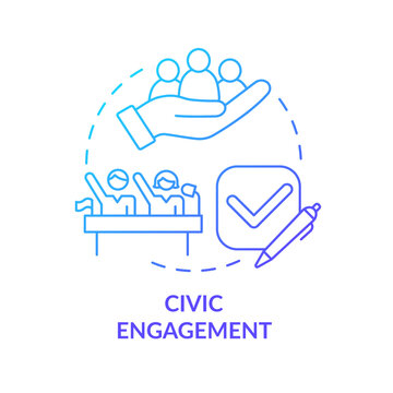 Civic Engagement Blue Gradient Concept Icon. Civil Involvement. Public Service Delivery Change Abstract Idea Thin Line Illustration. Isolated Outline Drawing. Myriad Pro-Bold Font Used