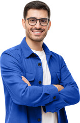Young hispanic man wearing blue shirt and glasses, looking at camera with positive confident smile,...