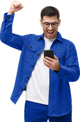 We've got a winner! Happy young man in blue shirt looking at phone screen with victory expression