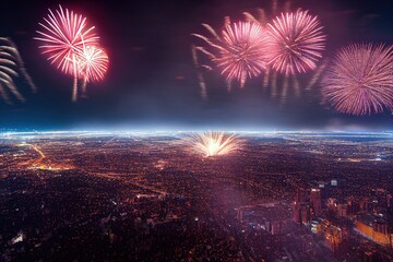 New Year's Fireworks Celebration over World Cities and Landmarks Illustration Background Image