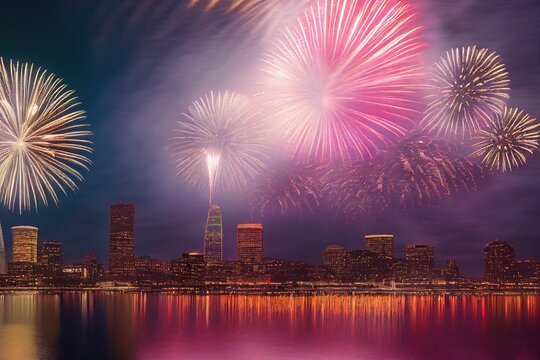 New Year's Fireworks Celebration over World Cities and Landmarks Illustration Background Image