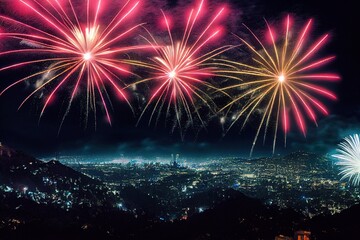 Fototapeta na wymiar New Year's Fireworks Celebration over World Cities and Landmarks Illustration Background Image