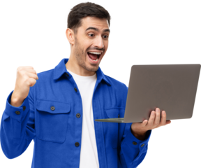 We got a winner! Excited young man in blue shirt looking at laptop screen with WOW expression