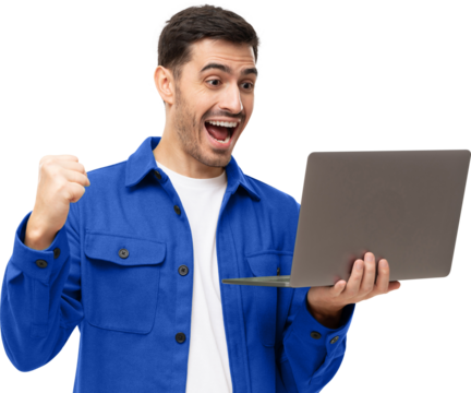 We got a winner! Excited young man in blue shirt looking at laptop screen with WOW expression