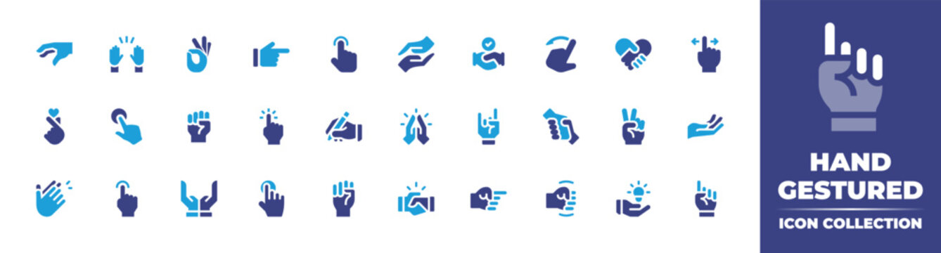 Hand gestured icon collection. Duotone color. Vector illustration. Containing hand, hands, pointing right, clicking, helping hand, agreement, swipe, peace, kpop, tap, raise hand, and more.