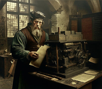 Johannes Gutenberg in his workshop with his printing press invention, 15th century. Content made with generative AI not based on real persons.