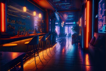 Cyberpunk night bar interior with neon lights, illustration, Generative AI