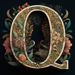 Letter Q typography floral ornate created with AI