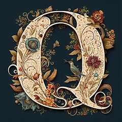 Letter Q typography floral ornate created with AI - obrazy, fototapety, plakaty