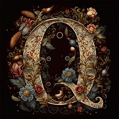 Letter Q typography floral ornate created with AI