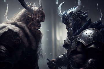 Futuristic cyberpunk viking warriors in action. Dark scene with dramatic studio lights.  
Digitally generated AI image.