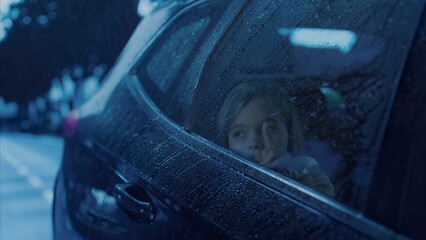 Cute little girl riding on a backseat of a car on a rainy day, playing with raindrops