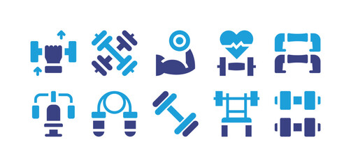 Workout icon set. Duotone color. Vector illustration. Containing dumbbell, gym, lifting, heart rate, grips, jump rope, bench press, dumbbells.