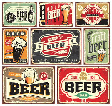 Retro beer signs collection. Vintage beers and drinks posters and pub decorations on old rusty metal background. Nostalgic vector advertisements graphics.