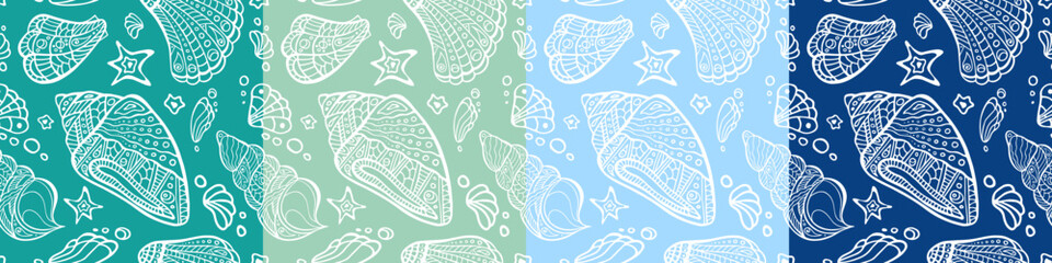 Polynesian shell irregular seamless pattern collection. Zenart conch endless texture set. Marine recolors bundle.Tribal sea random repeat boundless background. Maori ocean surface design.Cold colors