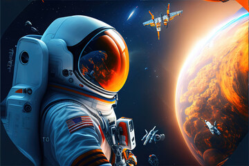 Obraz na płótnie Canvas Astronaut completes missions in space, Ai generative, poster
