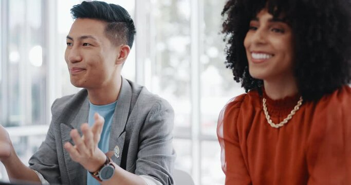 Meeting, collaboration and team planning a project together in the office conference room. Teamwork, diversity and business people in discussion while working on a b2b corporate strategy in workplace