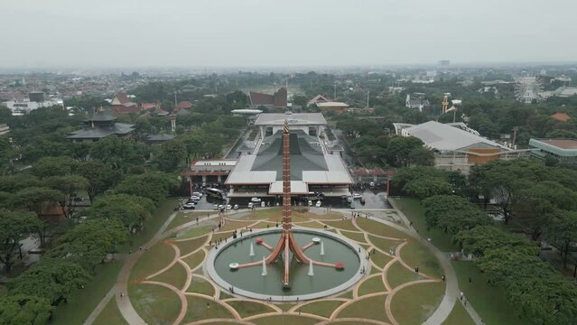 Jakarta, Indonesia - December 25, 2022: The Pancasila Fire Monument (Tugu Api Pancasila) is a TMII land mark, just like Monas is a Jakarta landmark.