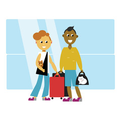 Family is going to vacation with pets, cat and dog. Man and woman with baggage