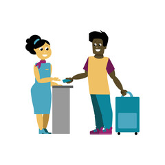 the airport worker checked the passenger s ticket. Man holds passport or document