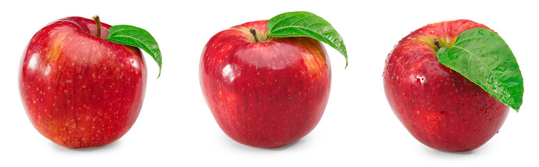 three red apples with green leaves and drops isolated on white background. clipping path