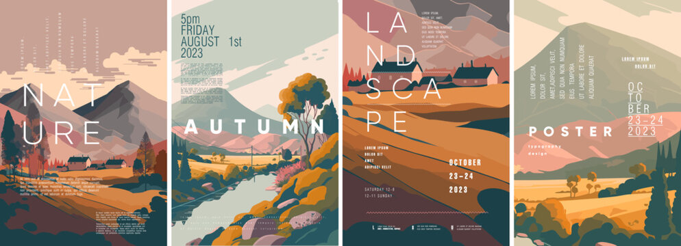 Nature and Landscape. Autumn. Europe. Typography design.  Set of flat vector illustrations.  Poster, label, cover.