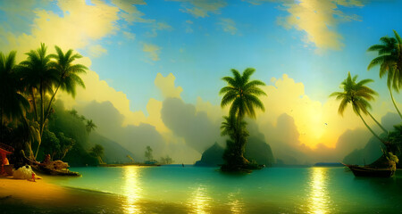 Fototapeta na wymiar tropical sunset with palm trees. generative ai