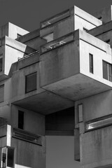 MONTREAL, CANADA Habitat 67 is a housing complex in Montreal.Habitat 67 apartments.Modern architecture. Photograph Habitat 67 in black and white.