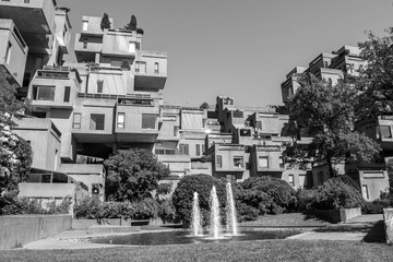 MONTREAL, CANADA Habitat 67 is a housing complex in Montreal.Habitat 67 apartments.Modern architecture. Photograph Habitat 67 in black and white.